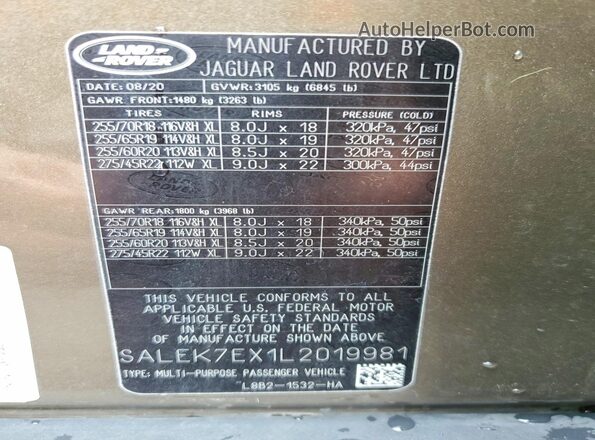 SALEK7EX1L2019981 2020 LAND ROVER DEFENDER Tan 