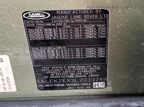SALEK7EX3L2033249 2020 LAND ROVER DEFENDER Green 360 interior view