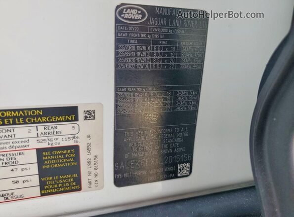 SALEKEEXXL2015156 2020 LAND ROVER DEFENDER White VIN կոդի պիտակի տեսք