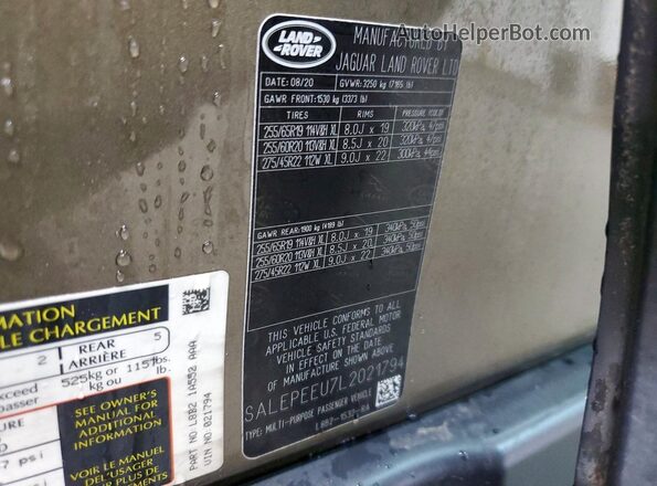SALEPEEU7L2021794 2020 LAND ROVER DEFENDER Tan Панорамний вид салону 360°
