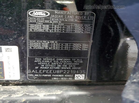 SALEPEEU8P2219435 2023 LAND ROVER DEFENDER Black Vista de la etiqueta del VIN