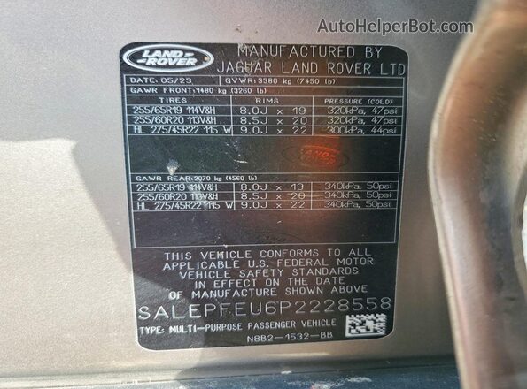 SALEPFEU6P2228558 2023 LAND ROVER DEFENDER Silver Вид наклейки з VIN-кодом