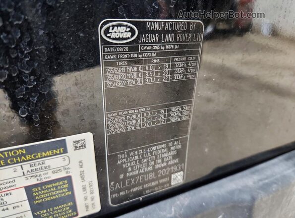 SALEX7EU8L2021931 2020 LAND ROVER DEFENDER Black 