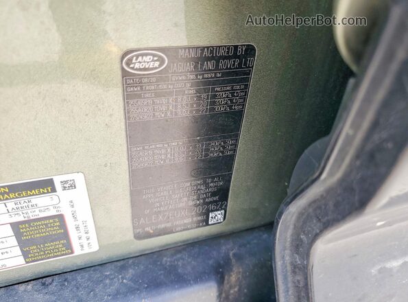 SALEX7EUXL2021672 2020 LAND ROVER DEFENDER Green VIN կոդի պիտակի տեսք