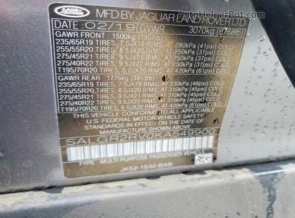 SALGR2RV0KA549900 2019 LAND ROVER RANGE Gray 