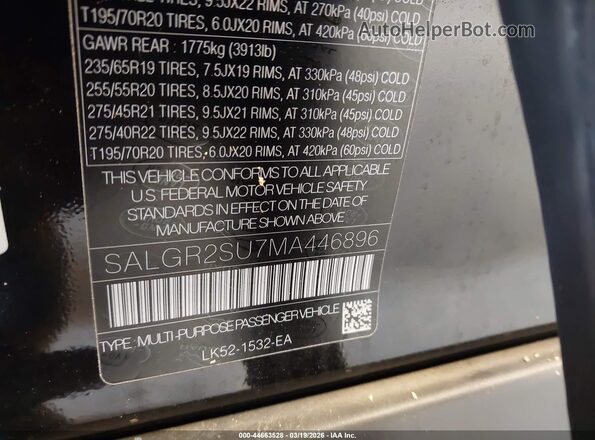 SALGR2SU7MA446896 2021 LAND ROVER RANGE ROVER Черный Вид подкапотного пространства