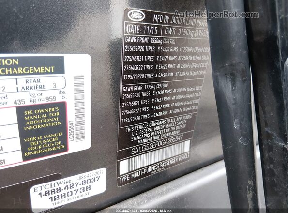 SALGS2EF0GA265547 2016 LAND ROVER RANGE ROVER Gray ძრავის განყოფილების ხედი