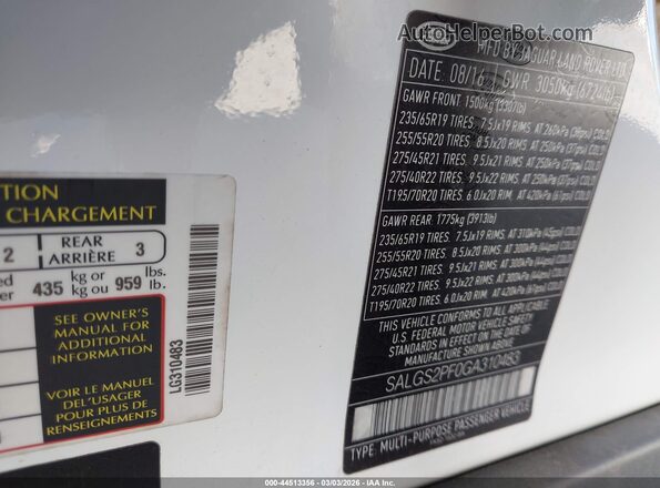 SALGS2PF0GA310483 2016 LAND ROVER RANGE ROVER White ძრავის განყოფილების ხედი