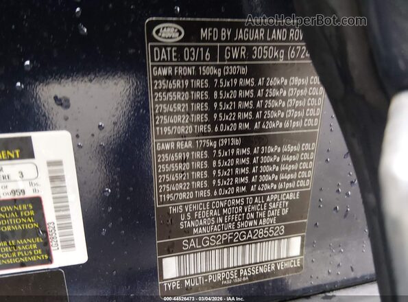 SALGS2PF2GA285523 2016 LAND ROVER RANGE ROVER Dark Blue Engine compartment view