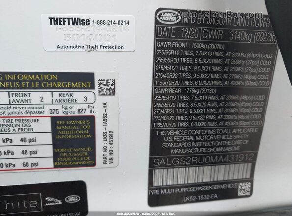 SALGS2RU0MA431912 2021 LAND ROVER RANGE ROVER White Вид підкапотного простору