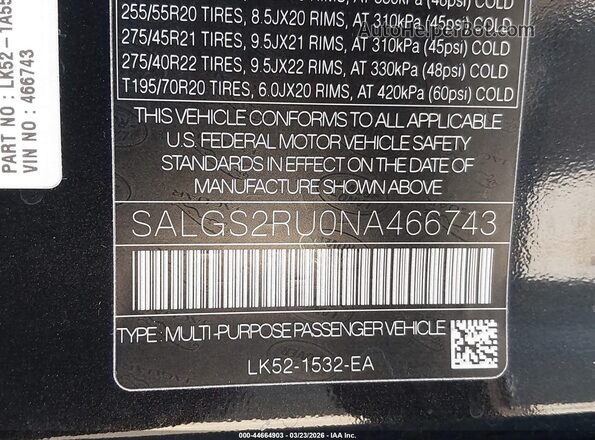SALGS2RU0NA466743 2022 LAND ROVER RANGE ROVER Черный 