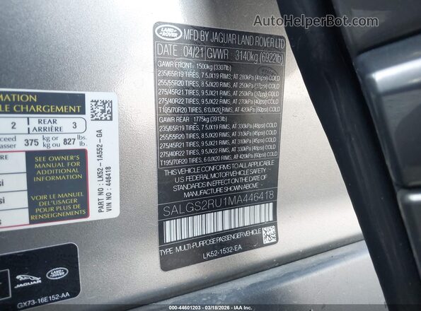 SALGS2RU1MA446418 2021 LAND ROVER RANGE ROVER Серый Вид подкапотного пространства