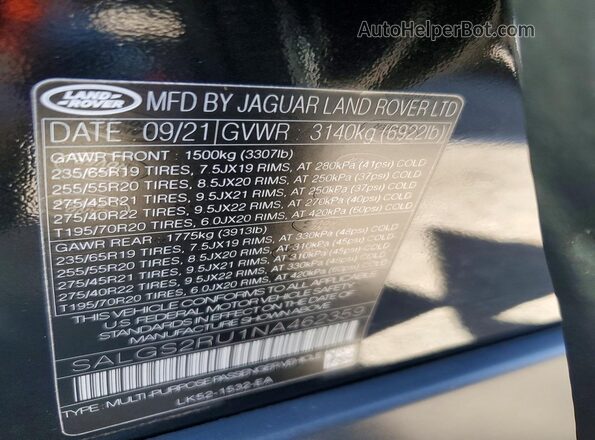 SALGS2RU1NA462359 2022 LAND ROVER RANGE ROVER Black Widok naklejki z numerem VIN