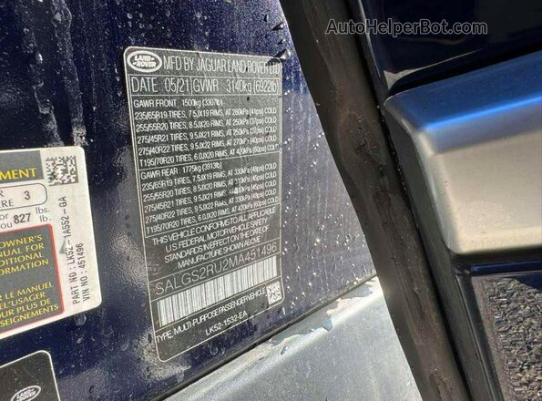 SALGS2RU2MA451496 2021 LAND ROVER RANGE Black Vista de los asientos traseros