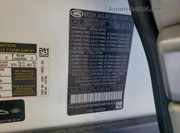 SALGS2RU6MA415150 2021 LAND ROVER RANGE White VIN կոդի պիտակի տեսք