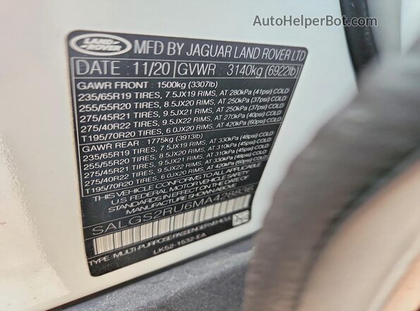 SALGS2RU6MA428836 2021 LAND ROVER RANGE White VIN կոդի պիտակի տեսք