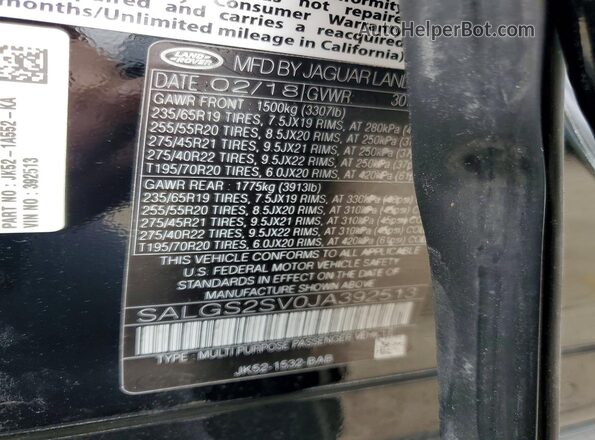 SALGS2SV0JA392513 2018 LAND ROVER RANGE Black ძრავის განყოფილების ხედი