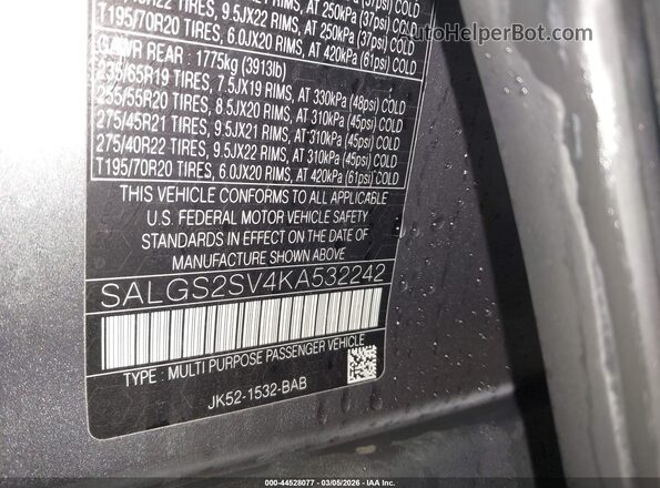 SALGS2SV4KA532242 2019 LAND ROVER RANGE ROVER Gray 