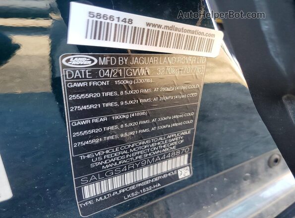 SALGS4RY9MA448870 2021 LAND ROVER RANGE Green Շարժիչի բաժամունքի տեսք