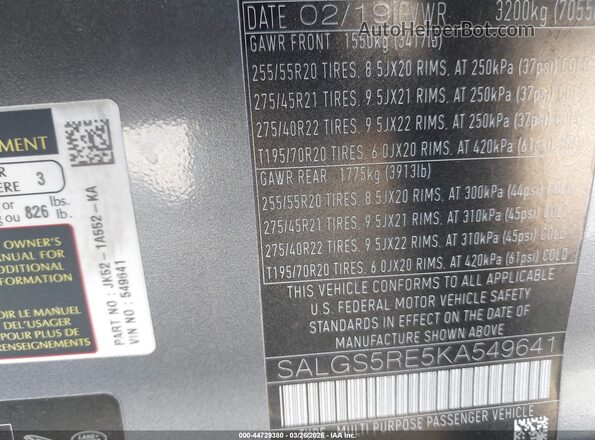 SALGS5RE5KA549641 2019 LAND ROVER RANGE ROVER Gray Engine compartment view