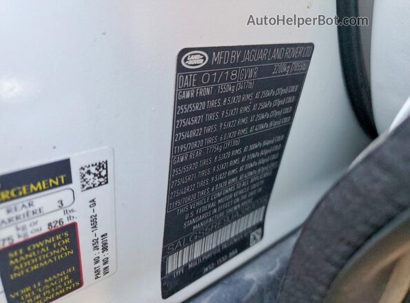 SALGS5RE9JA389018 2018 LAND ROVER RANGE White VIN sticker view