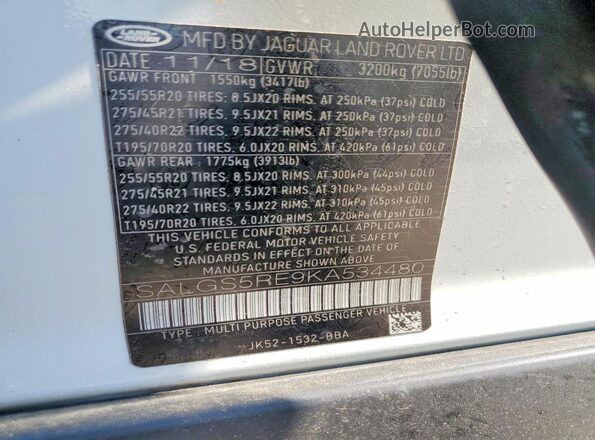 SALGS5RE9KA534480 2019 LAND ROVER RANGE White 