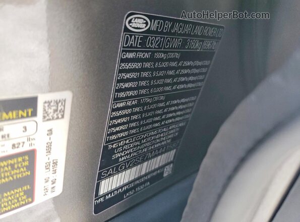 SALGV2SE7MA441587 2021 LAND ROVER RANGE Gray Սալոնի 360 աստիճան տեսք