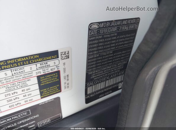 SALGV2SEXLA581406 2020 LAND ROVER RANGE ROVER White Widok komory silnika