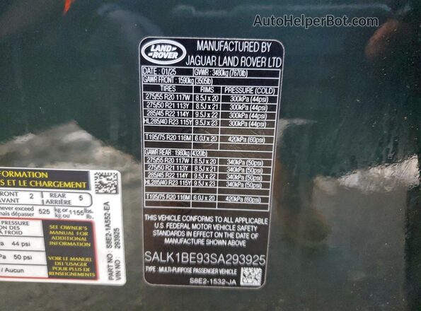 SALK1BE93SA293925 2025 LAND ROVER RANGE Green VIN կոդի պիտակի տեսք
