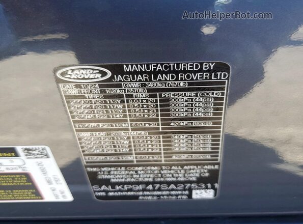 SALKP9F47SA275311 2025 LAND ROVER RANGE Blue Widok naklejki z numerem VIN