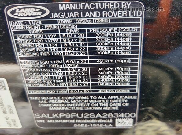 SALKP9FU2SA283400 2025 LAND ROVER RANGE Black VIN კოდის სტიკერის ხედი