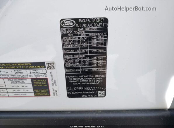 SALKPBE99SA277775 2025 LAND ROVER RANGE ROVER White Vista del compartimento del motor