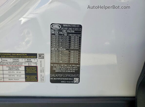 SALKPBFU3PA084970 2023 LAND ROVER RANGE Белый Панорамный вид салона 360°