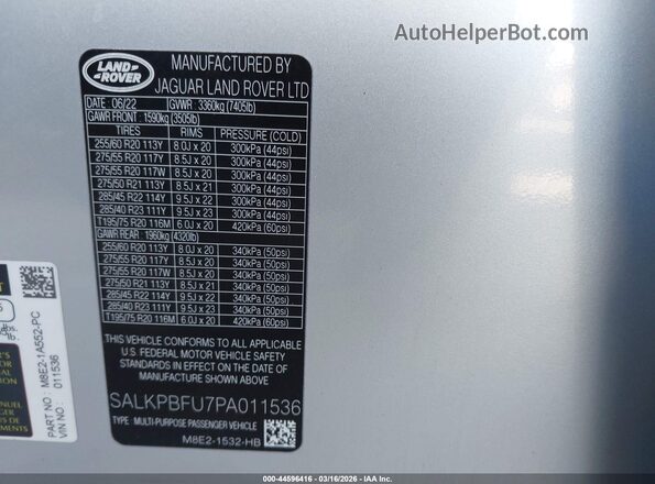 SALKPBFU7PA011536 2023 LAND ROVER RANGE ROVER Silver Widok komory silnika