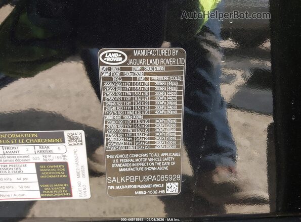 SALKPBFU9PA085928 2023 LAND ROVER RANGE ROVER Black Вид підкапотного простору