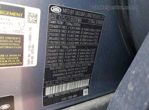 SALRG2RV6JA072354 2018 LAND ROVER DISCOVERY Blue VIN sticker view
