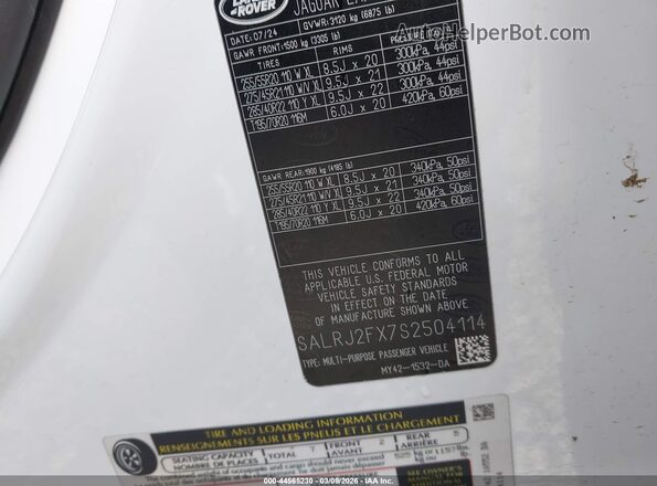 SALRJ2FX7S2504114 2025 LAND ROVER DISCOVERY White Widok komory silnika