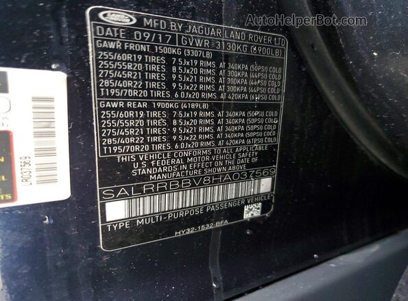 SALRRBBV8HA037569 2017 LAND ROVER DISCOVERY Blue Widok wnętrza 360 stopni