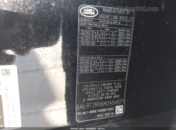 SALRT2RX6M2454671 2021 LAND ROVER DISCOVERY Black Շարժիչի բաժամունքի տեսք