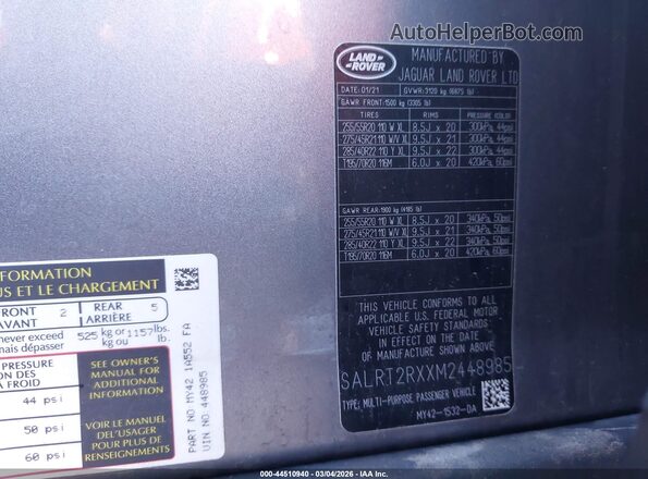 SALRT2RXXM2448985 2021 LAND ROVER DISCOVERY Gray Շարժիչի բաժամունքի տեսք