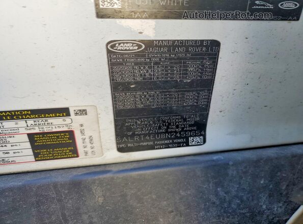 SALRT4EU8N2459654 2022 LAND ROVER DISCOVERY White VIN კოდის სტიკერის ხედი