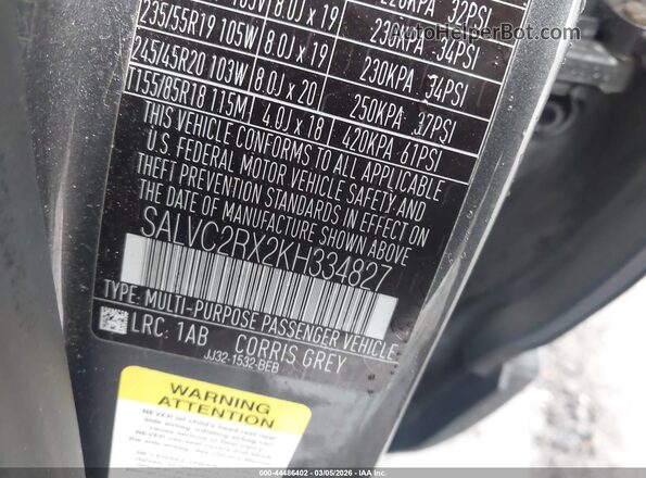SALVC2RX2KH334827 2019 LAND ROVER RANGE ROVER EVOQUE Gray Vista del compartimento del motor