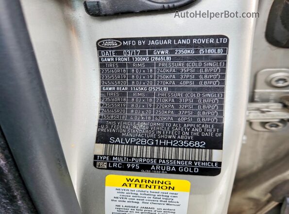 SALVP2BG1HH235682 2017 LAND ROVER RANGE Silver Вид наклейки з VIN-кодом