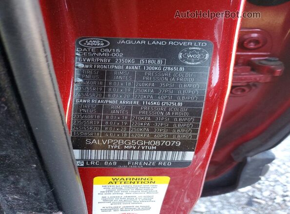 SALVP2BG5GH087079 2016 LAND ROVER RANGE Red Vista de la etiqueta del VIN