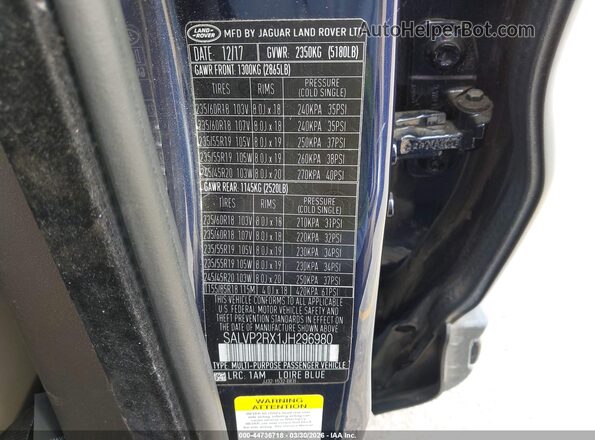 SALVP2RX1JH296980 2018 LAND ROVER RANGE ROVER EVOQUE Blue ძრავის განყოფილების ხედი