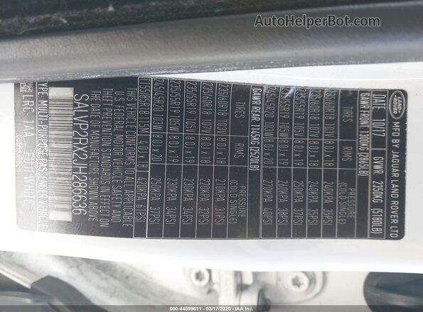 SALVP2RX2JH286636 2018 LAND ROVER RANGE ROVER EVOQUE White Vista del compartimento del motor