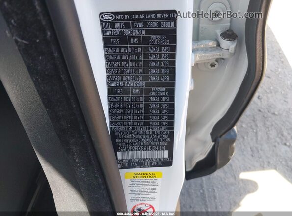 SALVP2RX8KH329104 2019 LAND ROVER RANGE ROVER EVOQUE White Շարժիչի բաժամունքի տեսք