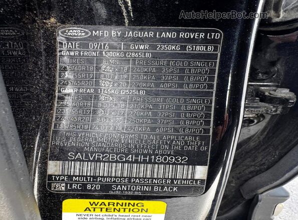 SALVR2BG4HH180932 2017 LAND ROVER RANGE ROVER Black Вид наклейки з VIN-кодом
