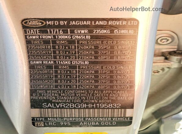 SALVR2BG9HH195832 2017 LAND ROVER RANGE Silver Вид наклейки з VIN-кодом