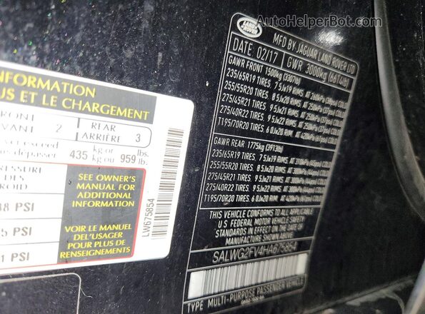 SALWG2FV4HA675854 2017 LAND ROVER RANGE Black VIN კოდის სტიკერის ხედი
